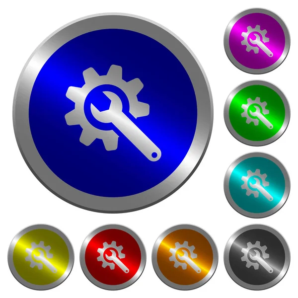 Skiftnyckel med kugghjul lysande mynt-liknande runda Färgknappar — Stock vektor