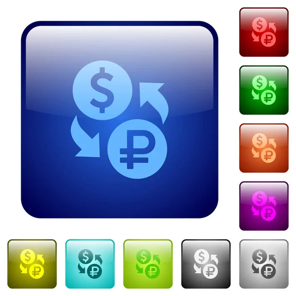 Dollar Rouble couleur de change boutons carrés — Image vectorielle