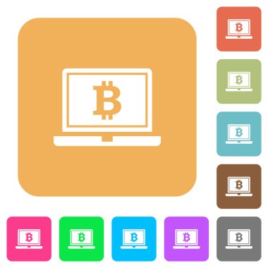Dizüstü Bitcoin işareti ile yuvarlak kare düz simgeler