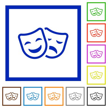 Trajedi ve komedi Tiyatro maskeleri düz çerçeveli simgeler