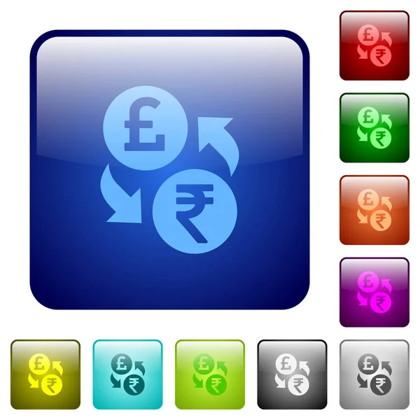 Pound Rupee money exchange color square buttons — Stock Vector