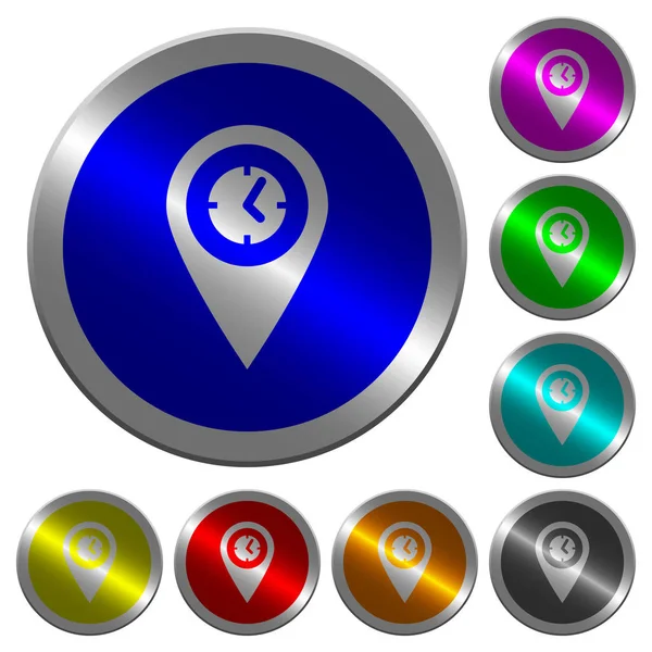 Hora de llegada Ubicación del mapa GPS botones redondos luminosos tipo moneda — Vector de stock