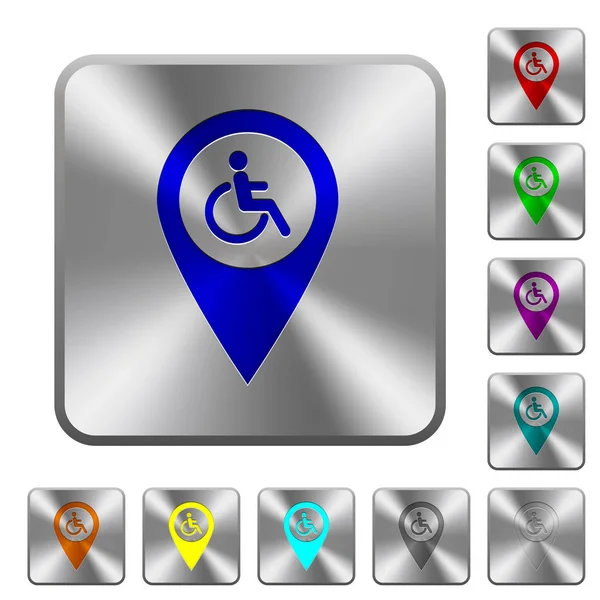 Handicap, toegankelijkheid Gps kaart locatie afgerond vierkant stalen knoppen — Stockvector