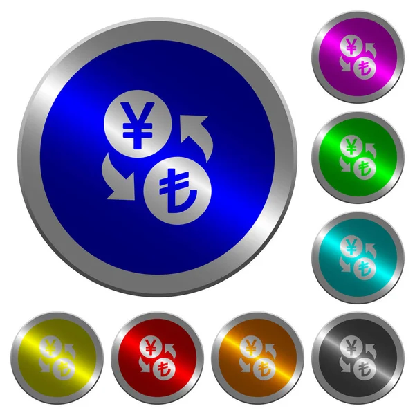 Yen Lira cambio de moneda luminoso moneda-como botones de color redondo — Vector de stock