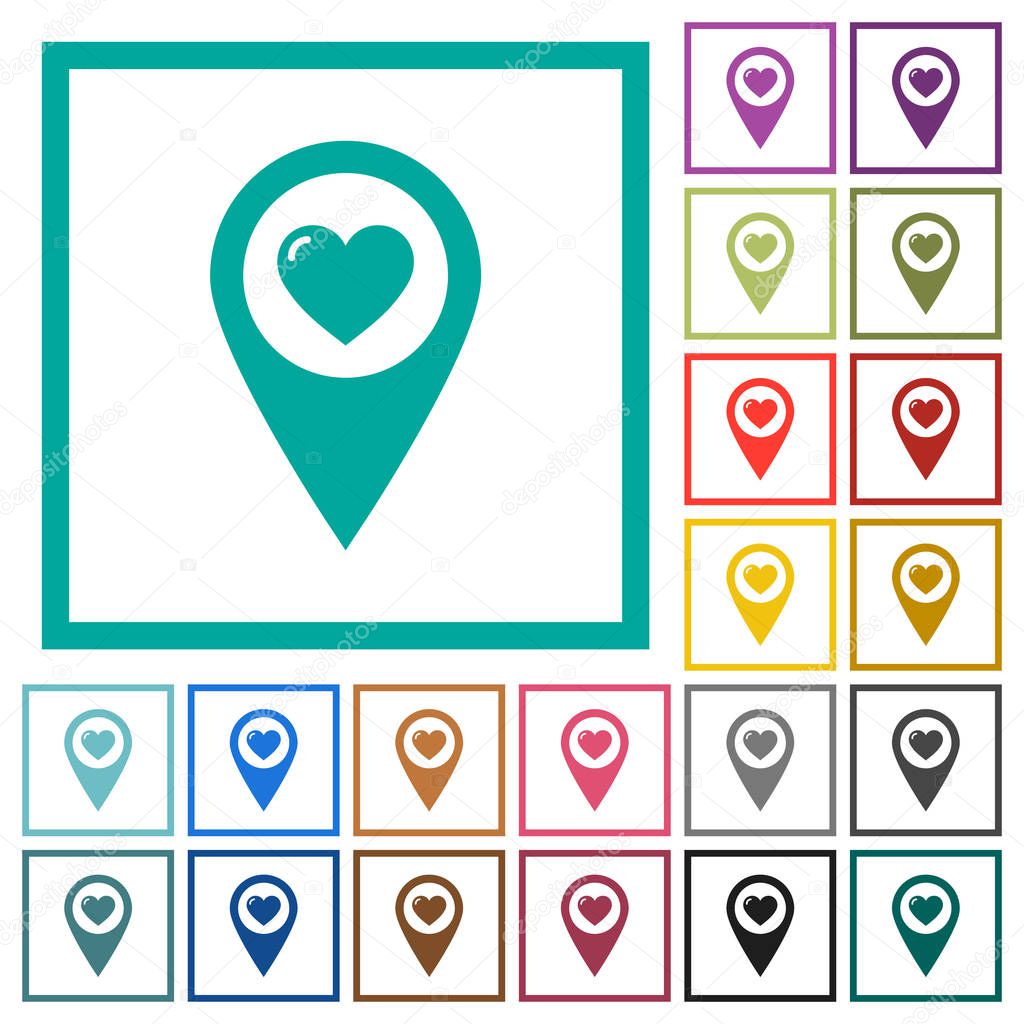 Favorite GPS map location flat color icons with quadrant frames