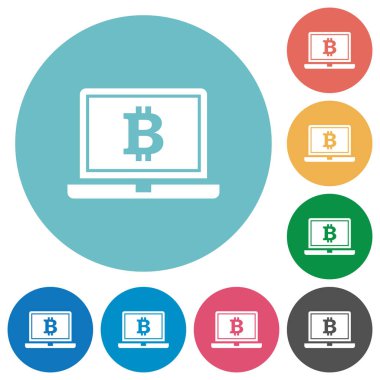 Dizüstü Bitcoin işaretiyle düz yuvarlak simgeler