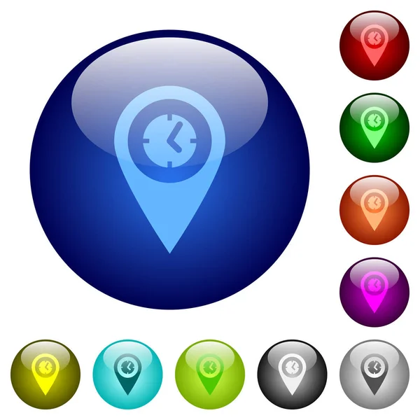 Hora de llegada GPS mapa ubicación colores botones de cristal — Vector de stock
