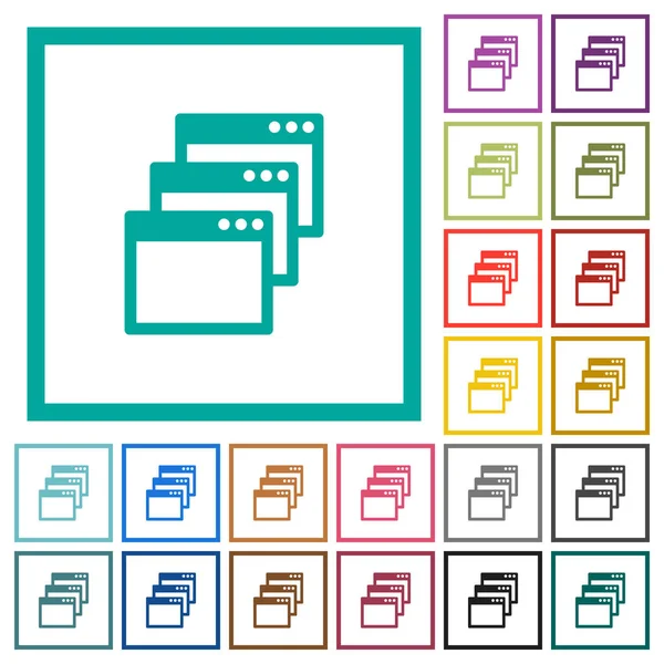 Icônes couleur plates en mode fenêtre cascade avec cadres quadrants — Image vectorielle