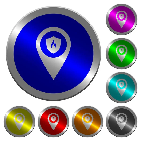 Пожежна станція GPS карта розташування яскравих кнопок круглих кольорів, схожих на монети — стоковий вектор
