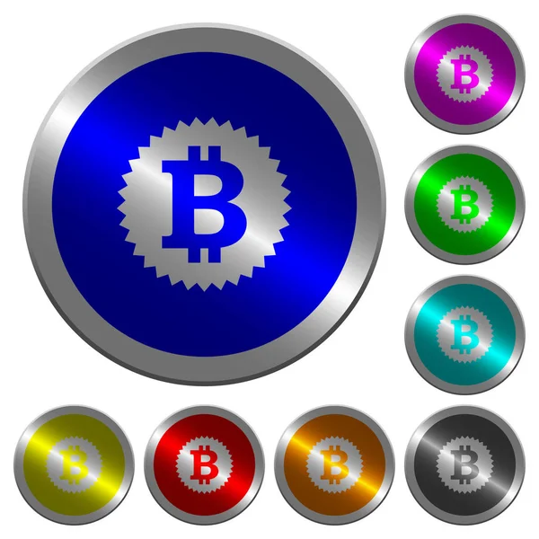 Bitcoin klistermärke lysande mynt-liknande runda Färgknappar — Stock vektor