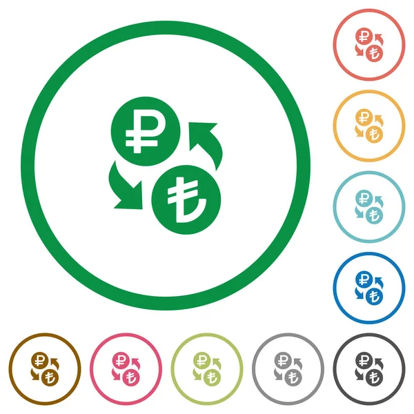 Rublo Lira cambio de divisas iconos planos con contornos — Vector de stock