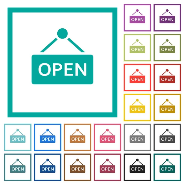 Πινακίδα "ανοιχτά" flat εικονίδια χρωμάτων με πλαίσια τεταρτημόριο — Διανυσματικό Αρχείο
