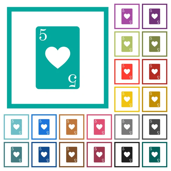 Fünf der Herzen Karte flache Farb-Symbole mit Quadrantenrahmen — Stockvektor