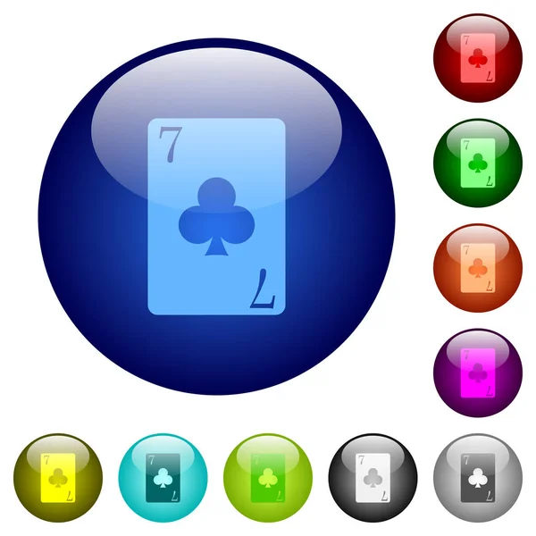 クラブの 7 枚のカードの色のガラスのボタン — ストックベクタ