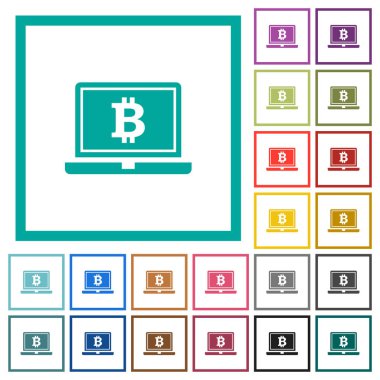 Bitcoin düz renk simgeleri beyaz arka plan üzerinde çeyreği çerçevelerle olan dizüstü bilgisayar