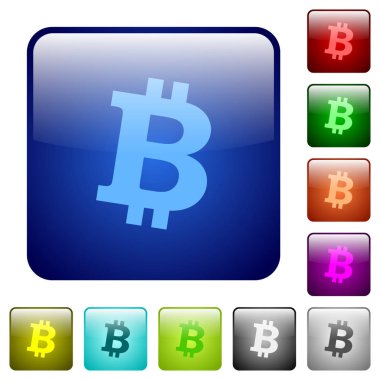 Yuvarlatılmış Kare renkli parlak düğme Bitcoin dijital cryptocurrency Icons set