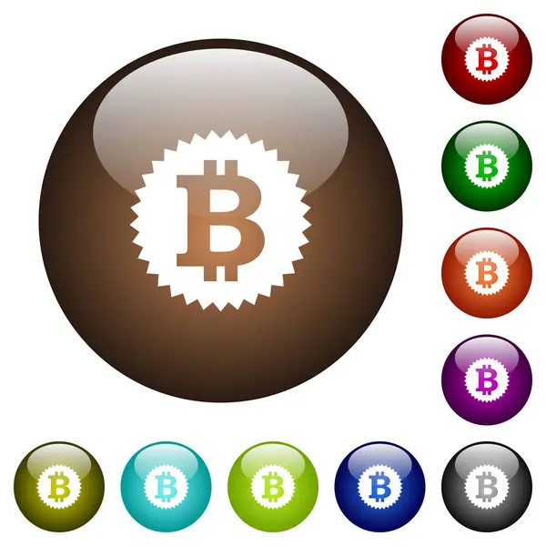 Bitcoin Klistermärke Vita Ikoner Runda Glas Färgknappar — Stock vektor