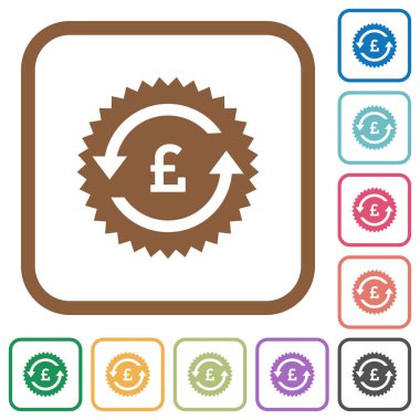 Pound ödeme geri kare kare beyaz arka plan üzerinde renkli etiket basit simgeler yuvarlak garanti