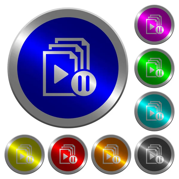 Interrompre Les Icônes Playlist Sur Les Boutons Ronds Lumineux Acier — Image vectorielle