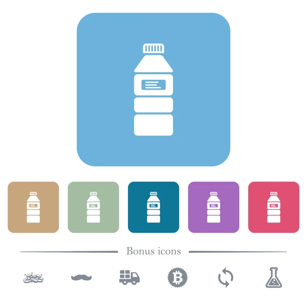 Renkli yuvarlak kare arkaplan üzerine etiketli düz simgeler içeren su şişesi — Stok Vektör