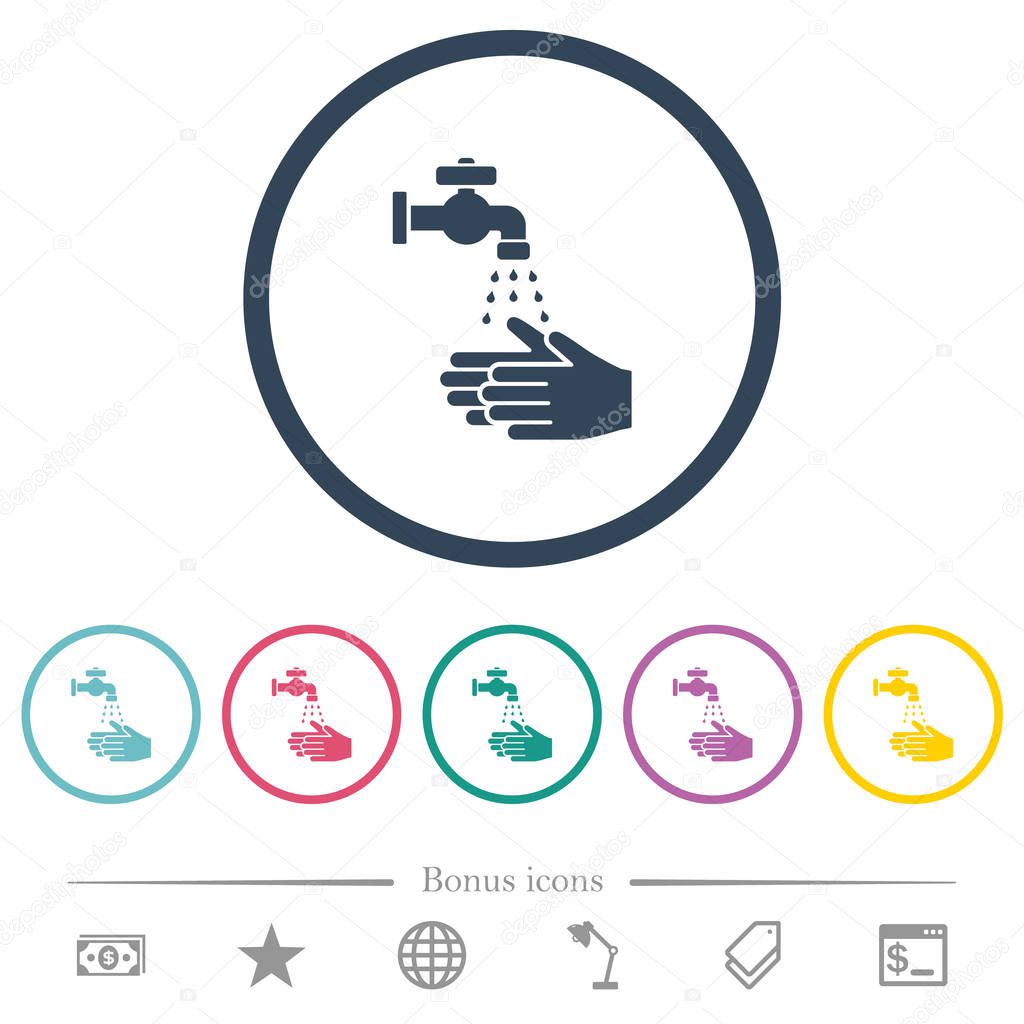 Hand washing flat color icons in round outlines