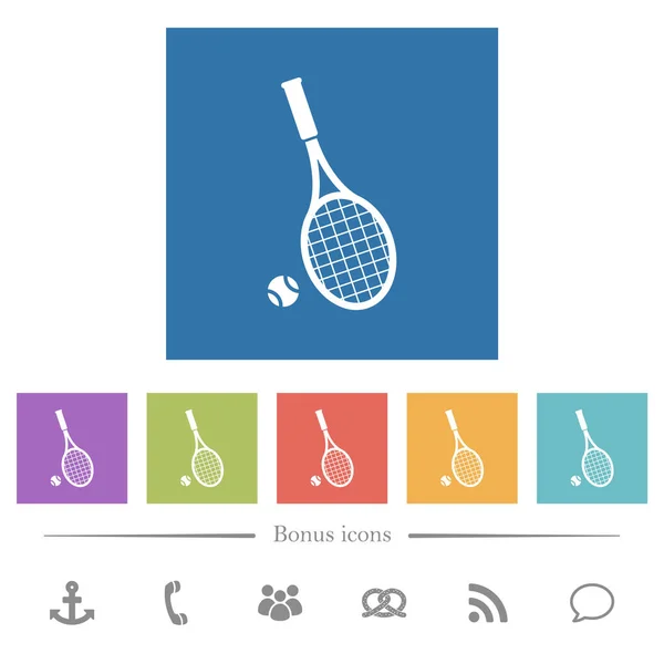 Racchetta da tennis con palla piatta icone bianche in sfondi quadrati — Vettoriale Stock