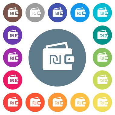 İsrail Yeni Şekeli cüzdan düz beyaz simgeleri yuvarlak renkli arka planlar