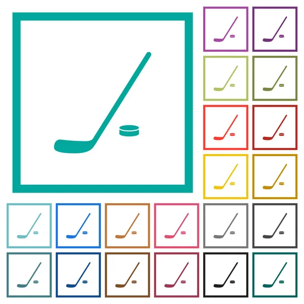 Hockey stick and puck flat color icons with quadrant frames — Stock Vector