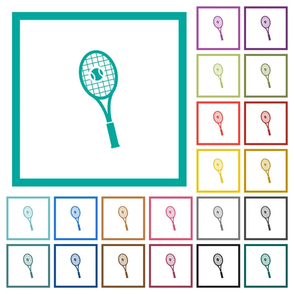 Tennisschläger mit Ball flache Farb-Symbole mit Quadrantenrahmen — Stockvektor