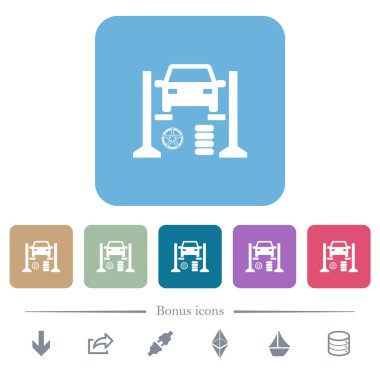 Renkli yuvarlak kare arkaplan üzerinde lastik tamirhanesi düz simgeleri