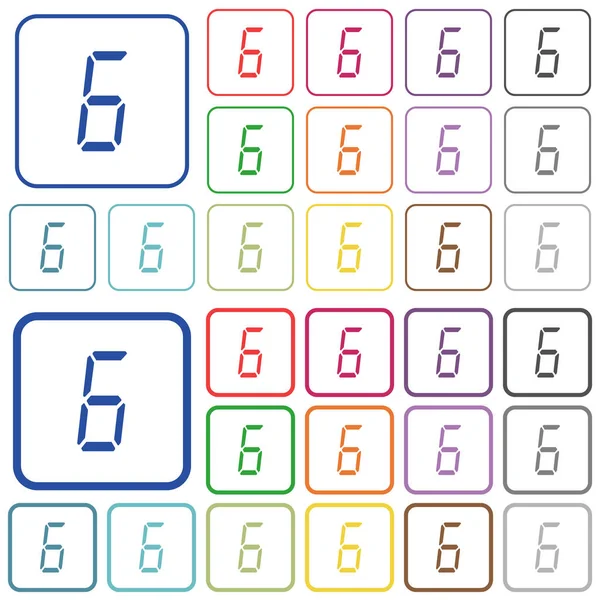 Digitalt nummer sex av sju segment typ skisserat platt färg ikoner — Stock vektor