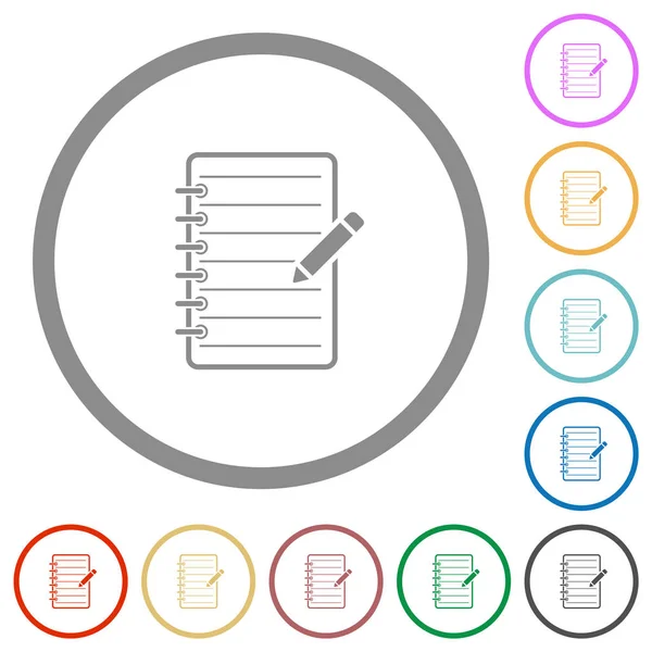 Bloco de notas espiral com ícones planos a lápis com contornos —  Vetores de Stock