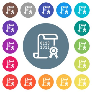 Yuvarlak renk arkaplanındaki dijital sertifika düz beyaz simgeler