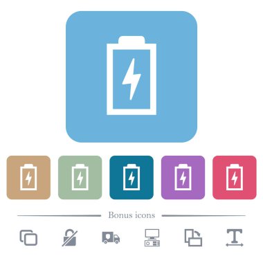 Battery with energy symbol flat icons on color rounded square backgrounds