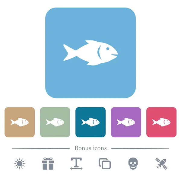 Iconos planos de peces en fondos cuadrados redondeados de color — Vector de stock