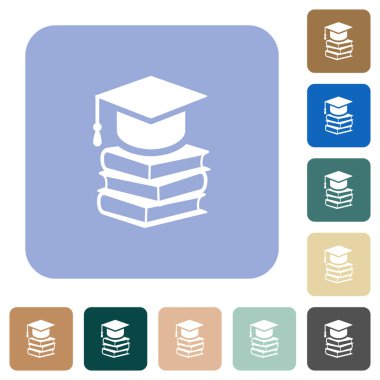 Kitap içeren mezuniyet başlığı. Renkli yuvarlak kare arkaplan üzerine beyaz düz simgeler.