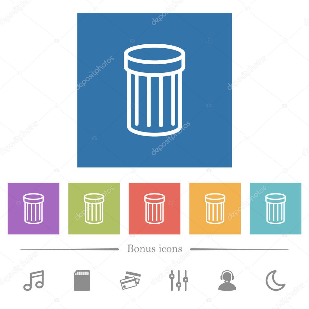 Trash flat white icons in square backgrounds. 6 bonus icons included.