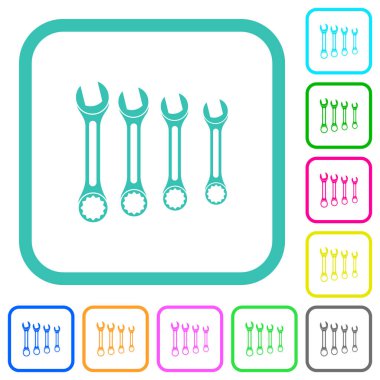 Beyaz arkaplan üzerinde eğri kenarlıklarda canlı renkli düz simgeler kümesi