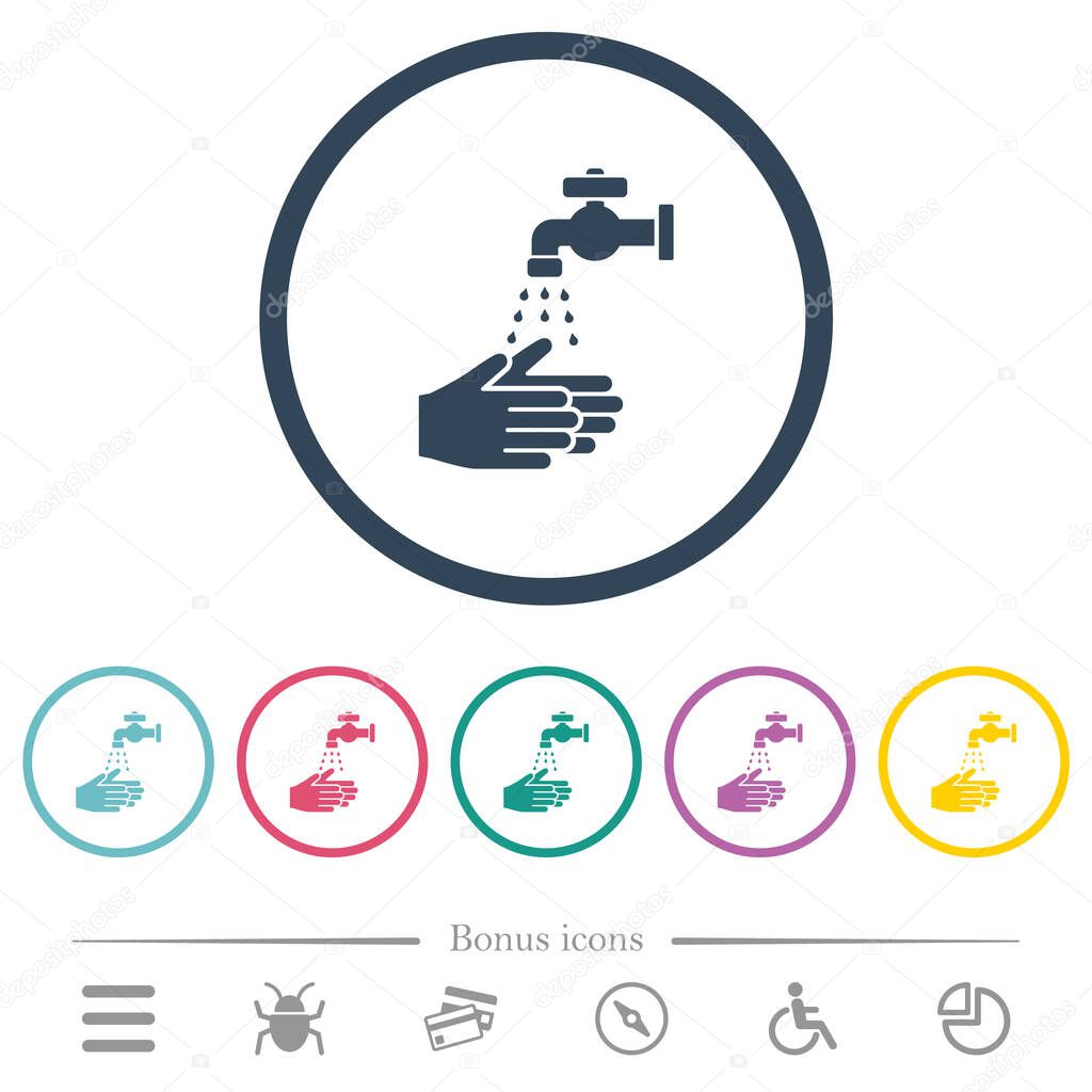 Hand washing flat color icons in round outlines. 6 bonus icons included.