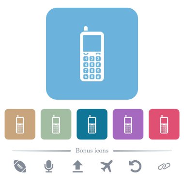 Renkli yuvarlak kare arkaplan üzerinde beyaz düz simgeli Retro cep telefonu. 6 bonus simgesi dahil
