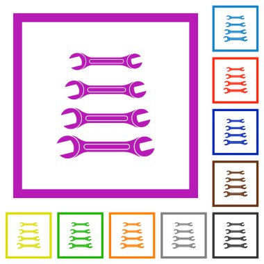 Beyaz arkaplan üzerindeki kare çerçevelerde düz renk simgeleri anahtar kümesi