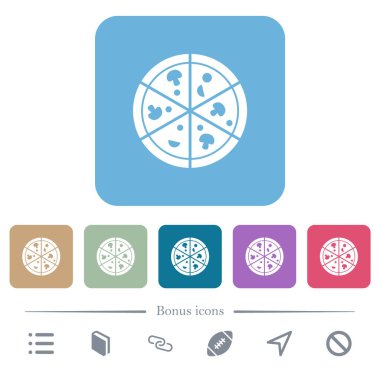 Renkli yuvarlak kare arkaplanlı pizza beyaz simgeleri. 6 bonus simgesi dahil