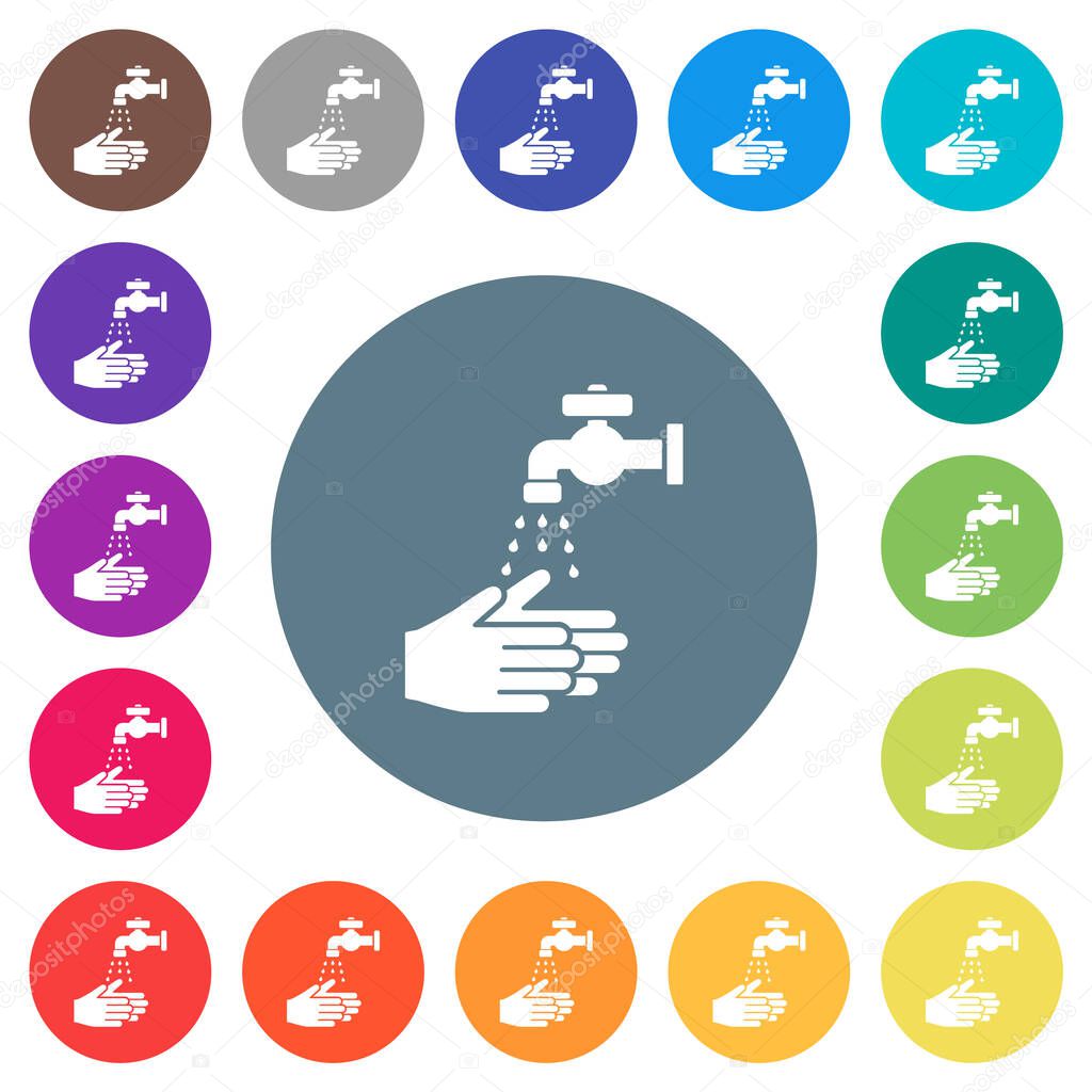 Hand washing flat white icons on round color backgrounds. 17 background color variations are included.
