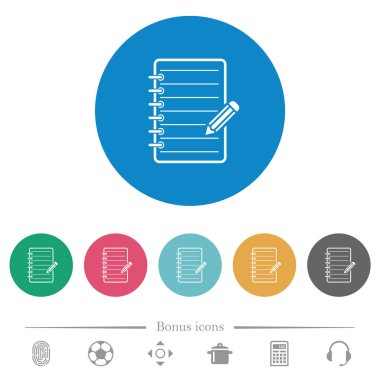 Yuvarlak renkli arka planda düz beyaz simgeleri olan sarmal not defteri. 6 bonus simgesi dahil.