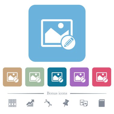 Renkli yuvarlak kare arkaplan üzerine resim beyaz düz simgeleri düzenle. 6 bonus simgesi dahil