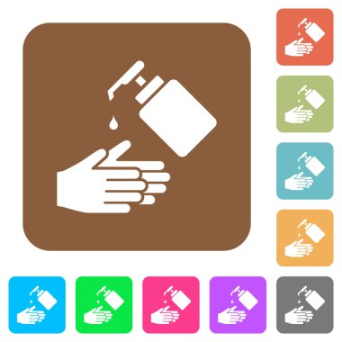 Yuvarlak kare renkli arkaplanda sıvı sabun düz simgeleriyle el yıkama.