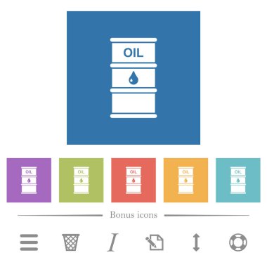 Yağ varili düz beyaz simgeler kare arkaplanlarda. 6 bonus simgesi dahil.