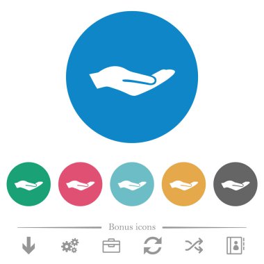 Yuvarlak renkli arka planda insan eli düz beyaz simgeler. 6 bonus simgesi dahil.