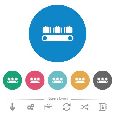 Luggage conveyor flat white icons on round color backgrounds. 6 bonus icons included.