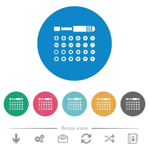 Set Van Schroevendraaier Bits Platte Witte Pictogrammen Ronde Kleur Achtergronden — Stockvector